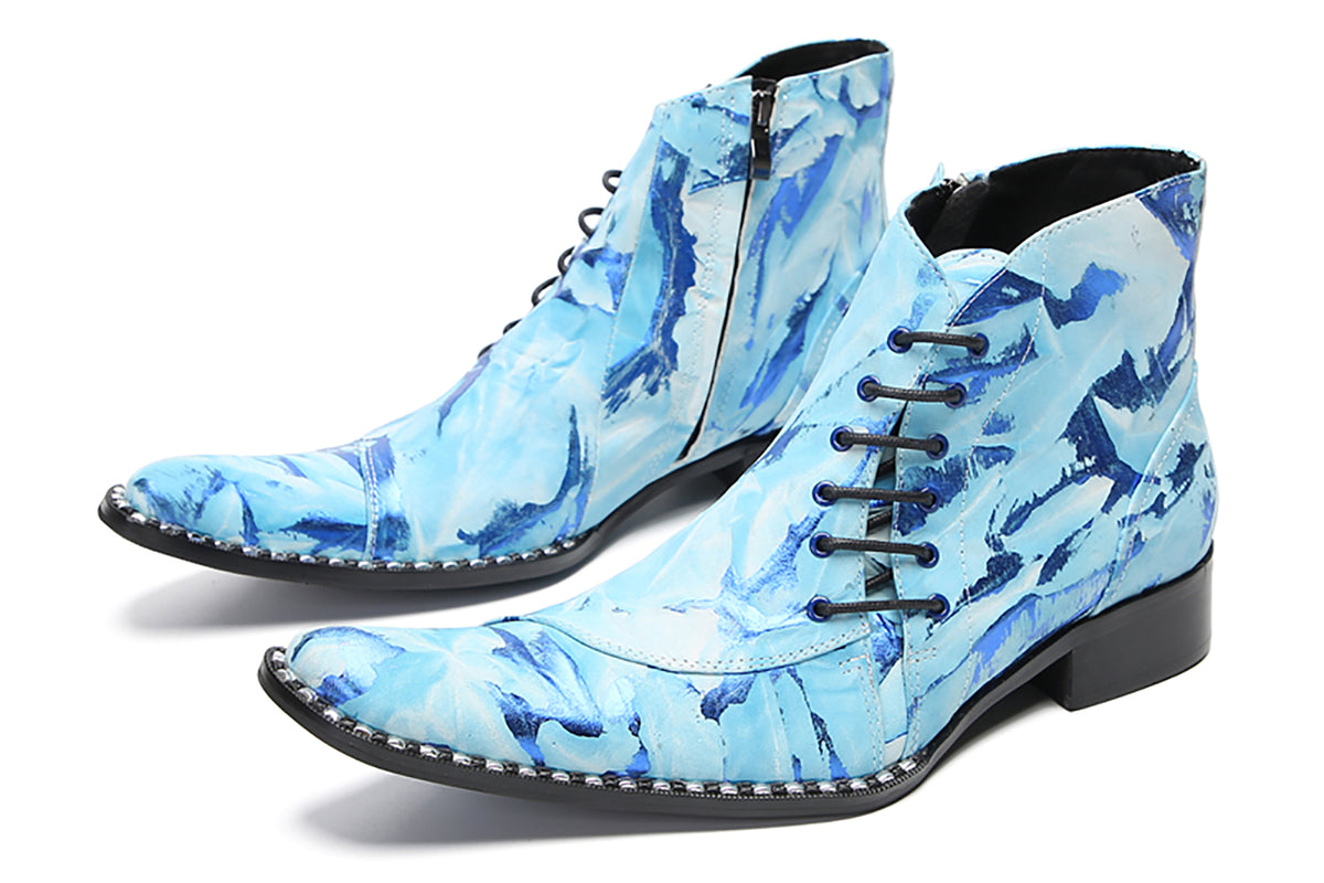 Mens Genunie Leather  Graffiti Zipper Slanted Shoelaces Oxfords Boots