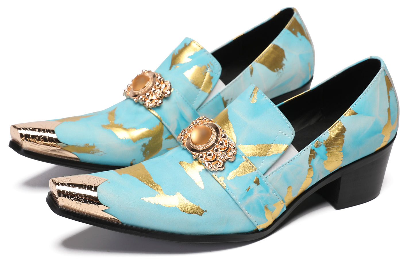 Mens Metal-Tip Dragon Toe Leather Gold Beaded Western Loafers