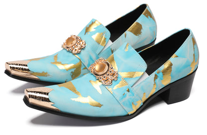 Mens Metal-Tip Dragon Toe Leather Gold Beaded Western Loafers