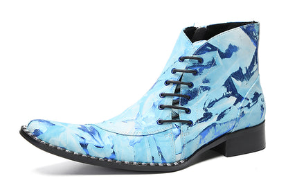 Mens Genunie Leather  Graffiti Zipper Slanted Shoelaces Oxfords Boots