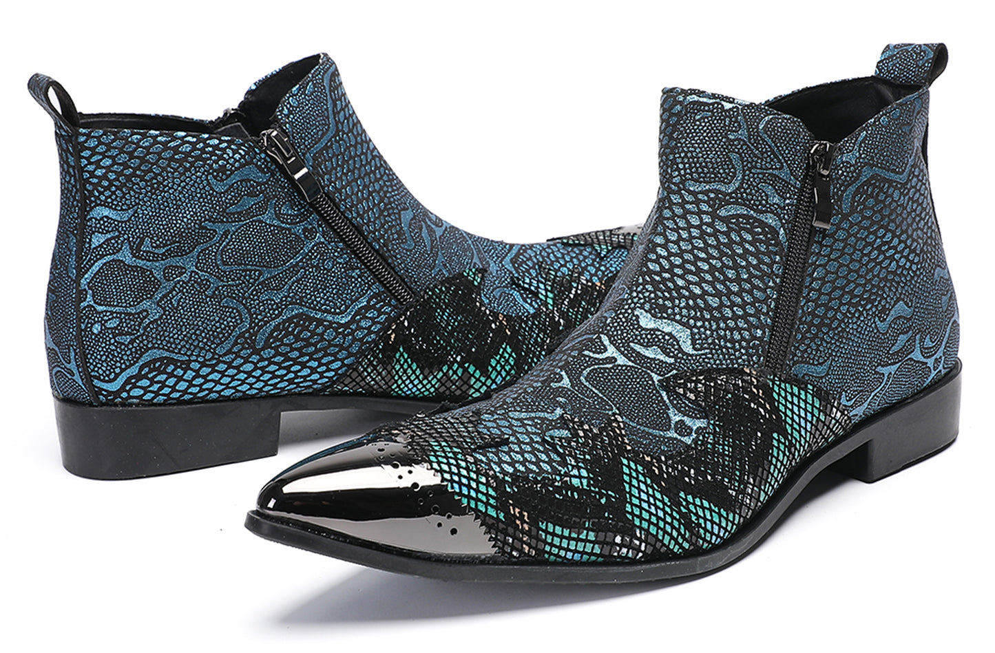 Mens Glossy Patent Leather Double Zipper Ankle Western Boots