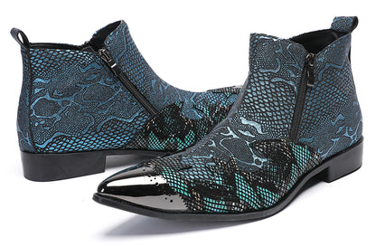 Mens Glossy Patent Leather Double Zipper Ankle Western Boots