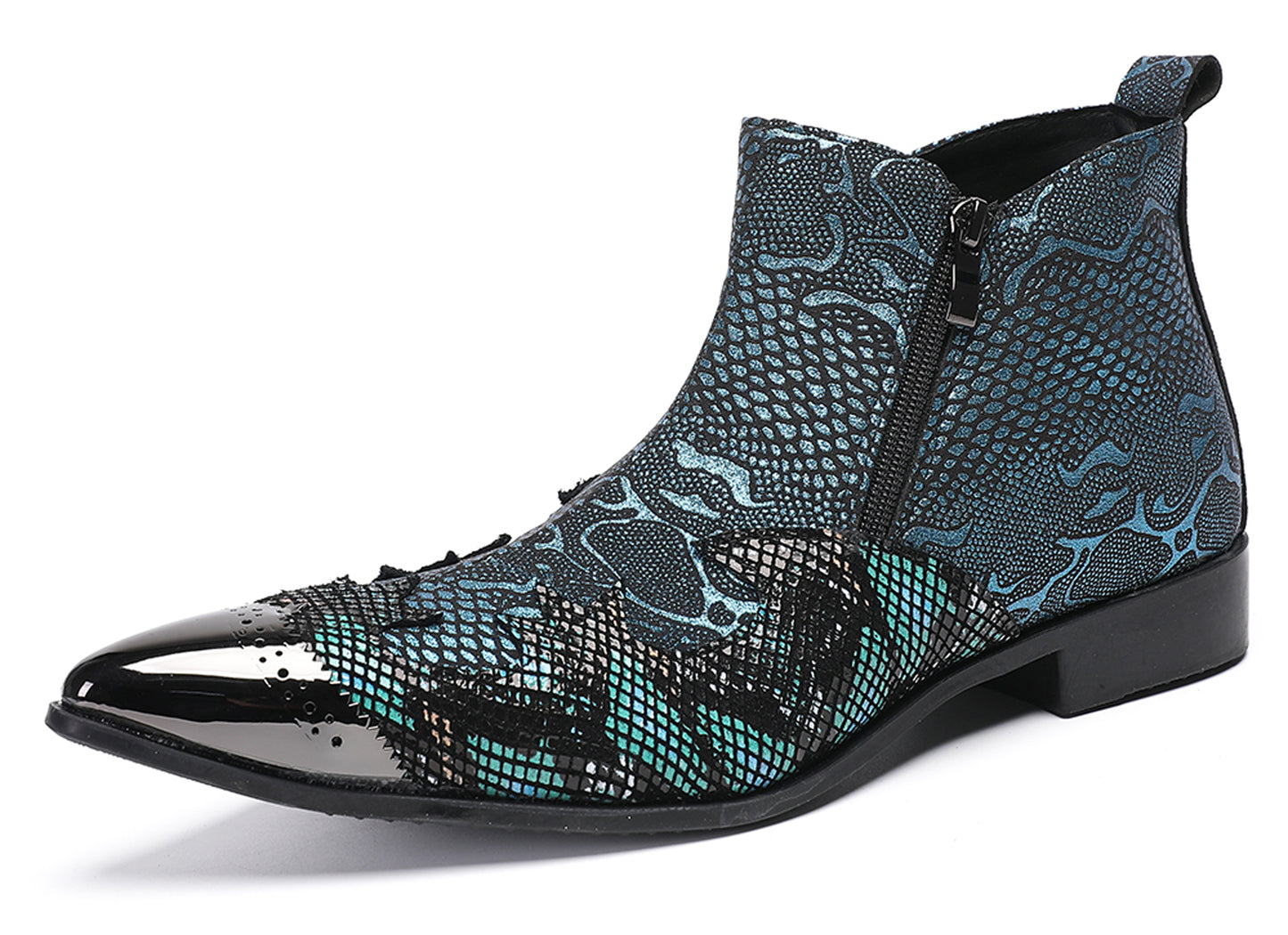 Mens Glossy Patent Leather Double Zipper Ankle Western Boots