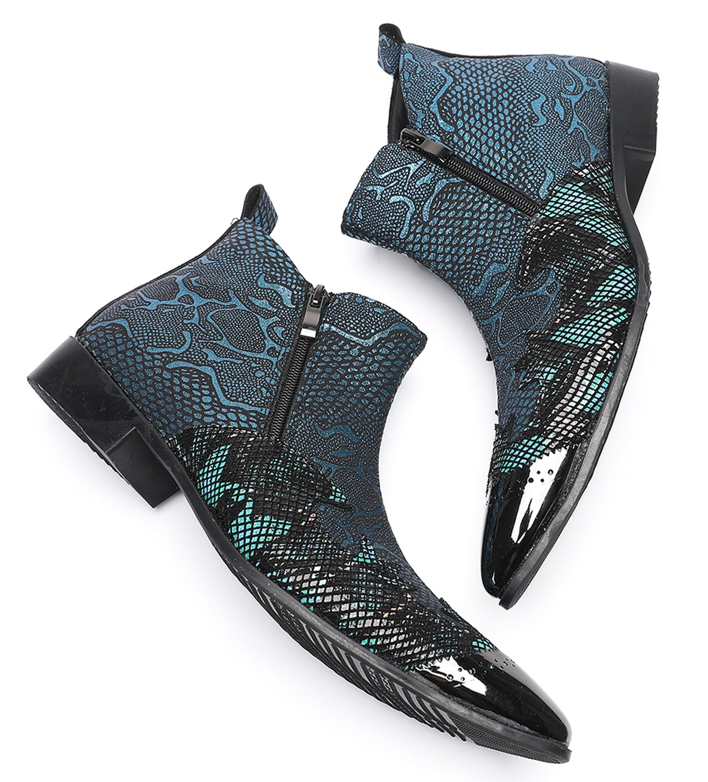 Mens Glossy Patent Leather Double Zipper Ankle Western Boots