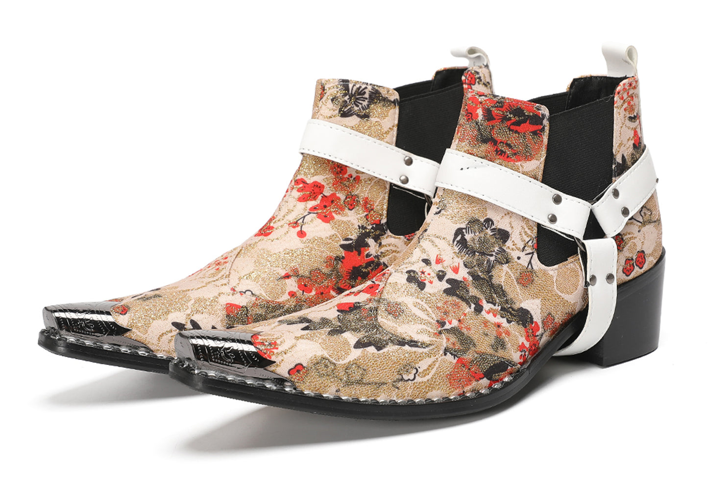 Mens Elastic Gores White Harness Straps Western Chelsea Boots