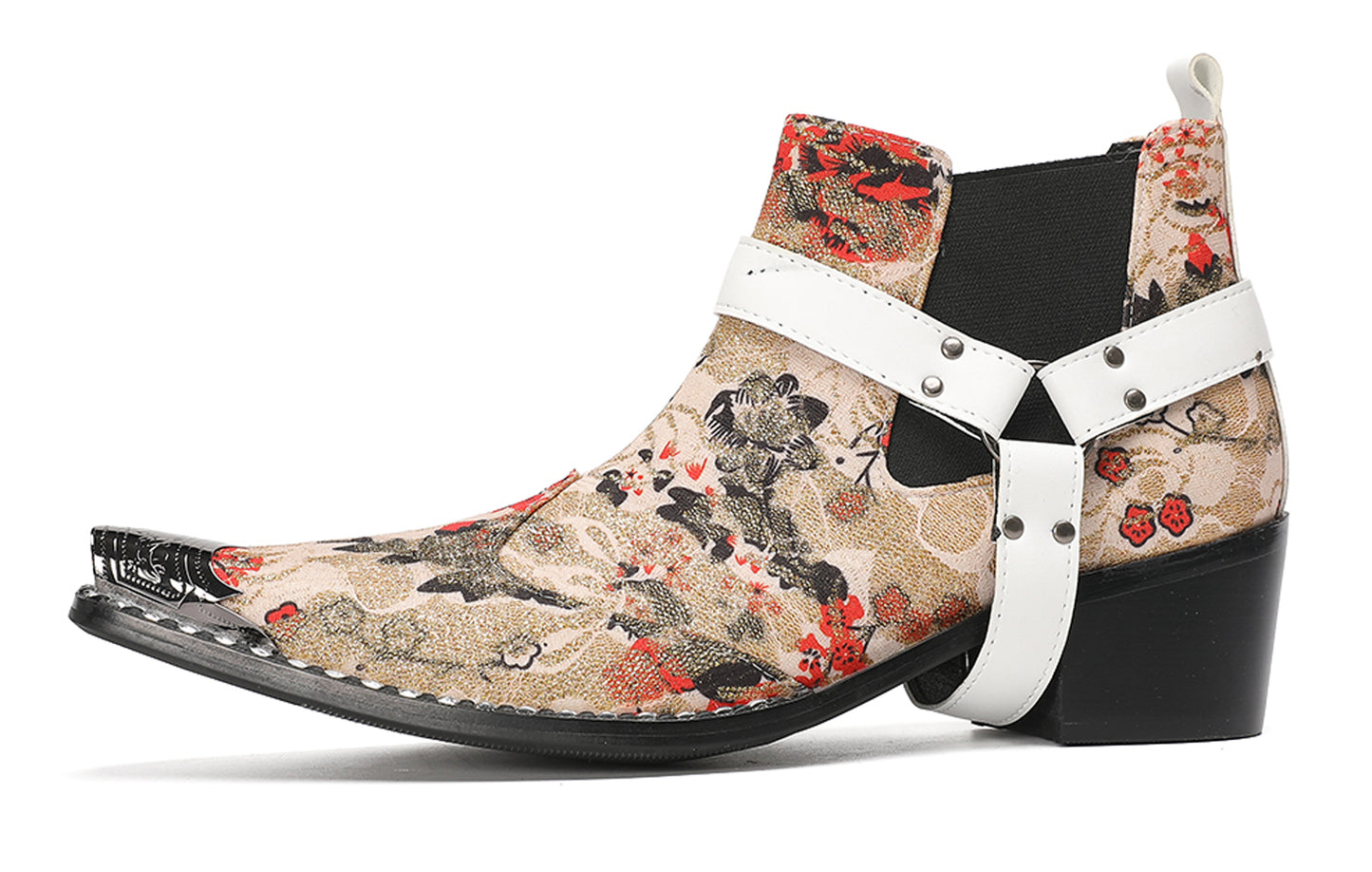 Mens Elastic Gores White Harness Straps Western Chelsea Boots