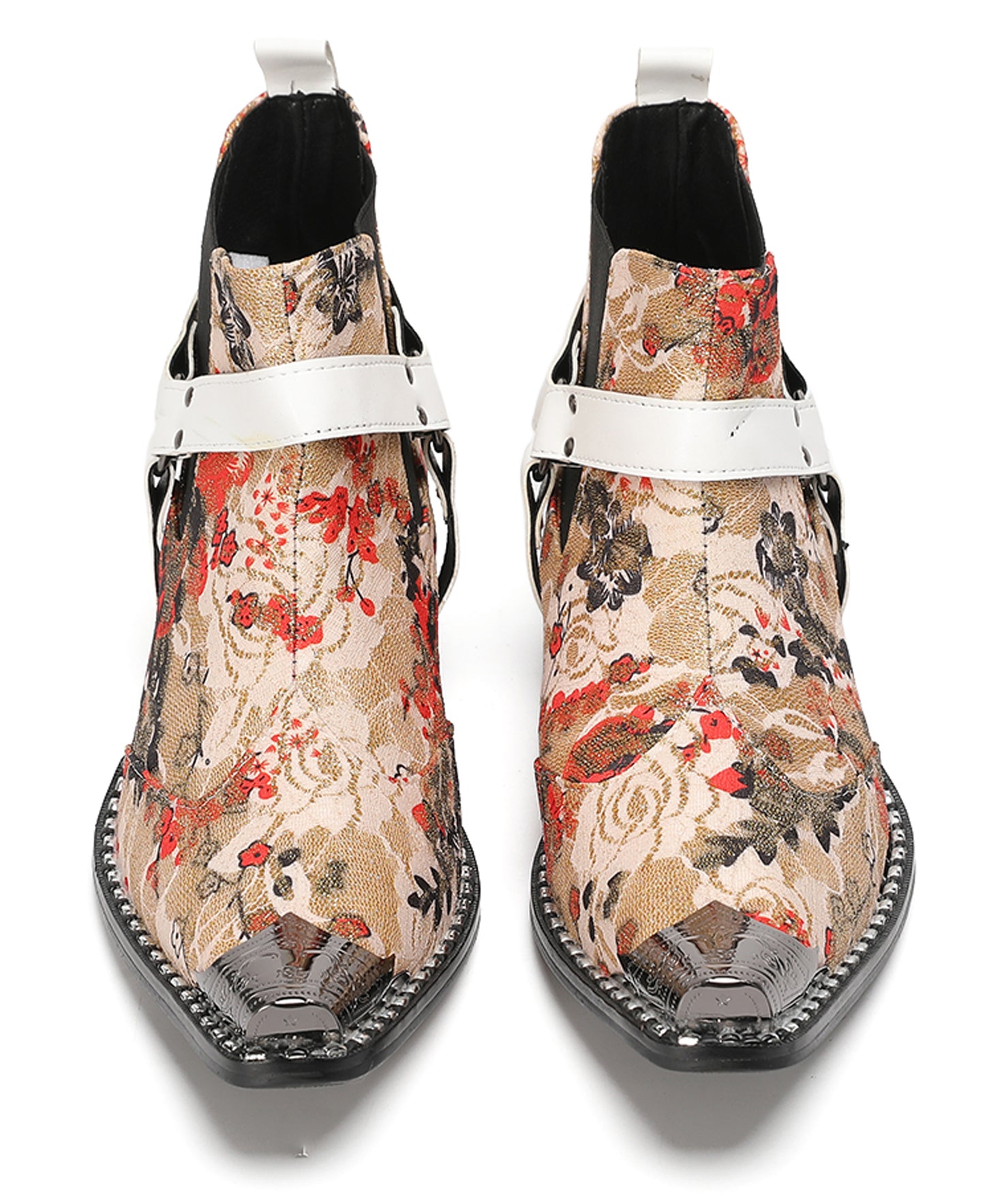 Mens Elastic Gores White Harness Straps Western Chelsea Boots