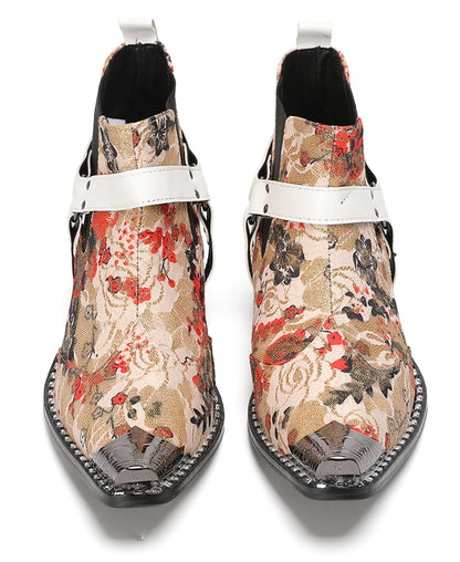 Mens Elastic Gores White Harness Straps Western Chelsea Boots