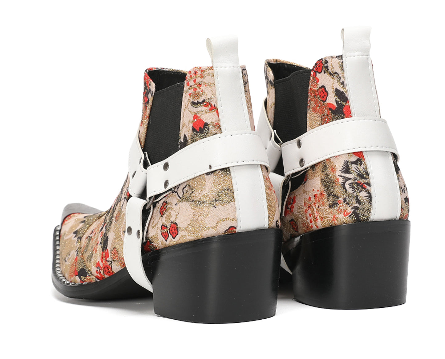 Mens Elastic Gores White Harness Straps Western Chelsea Boots