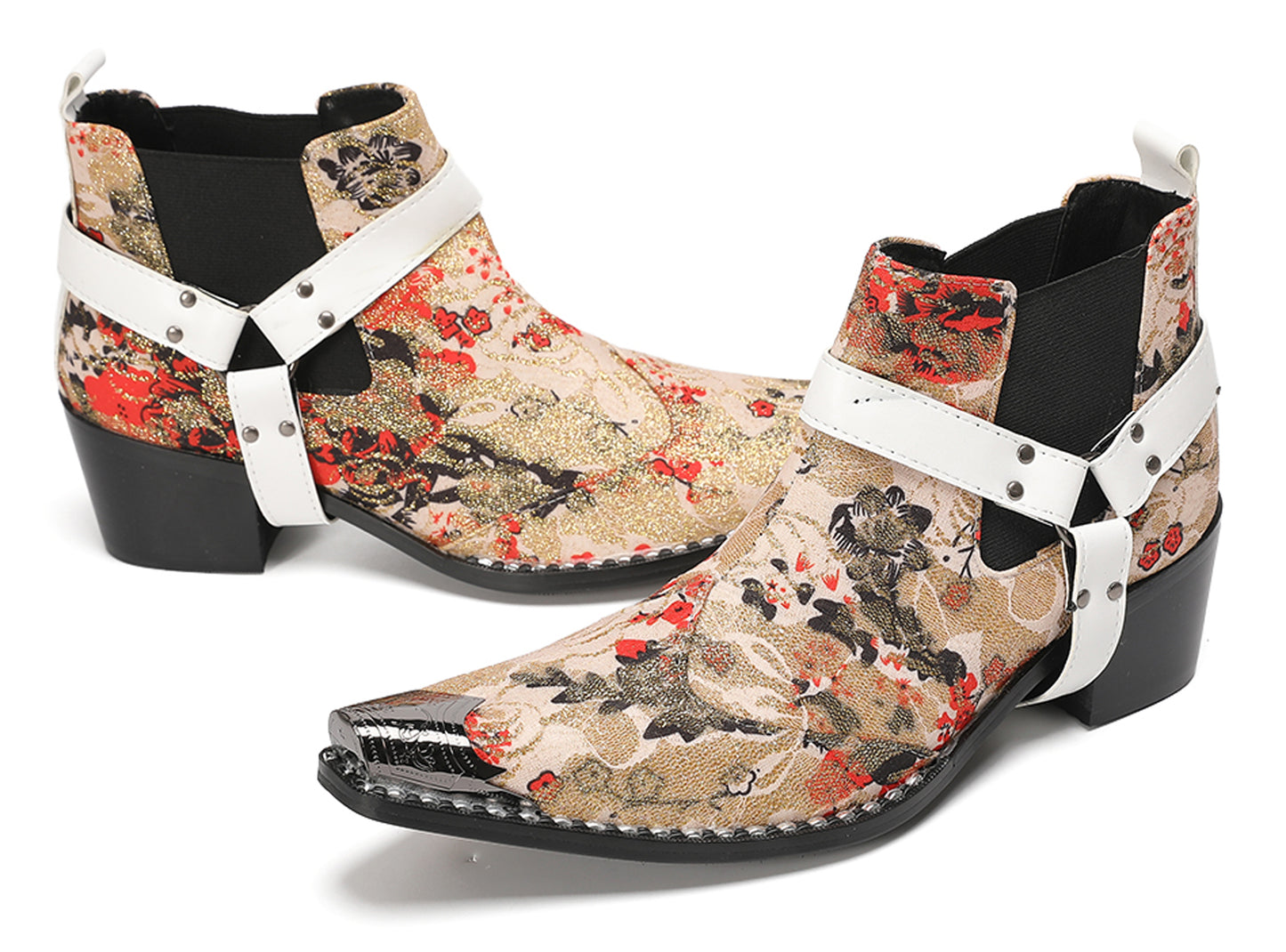 Mens Elastic Gores White Harness Straps Western Chelsea Boots