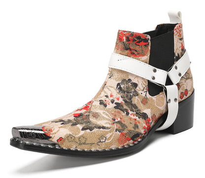Mens Elastic Gores White Harness Straps Western Chelsea Boots