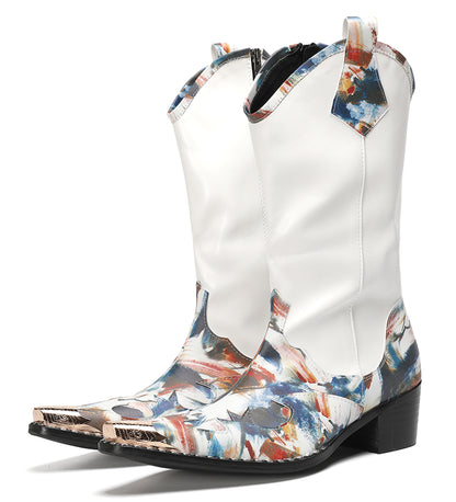 Mens White Shaft Leather Side Zipper Pull Tabs Cowboy Western Boots