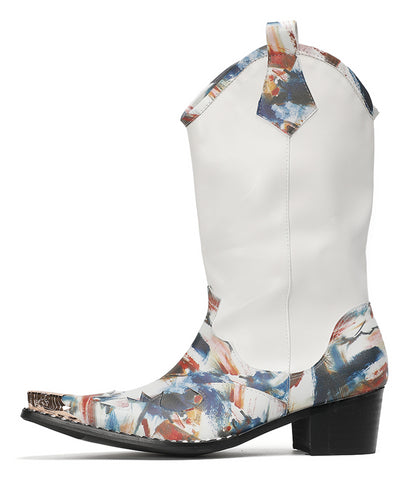Mens White Shaft Leather Side Zipper Pull Tabs Cowboy Western Boots