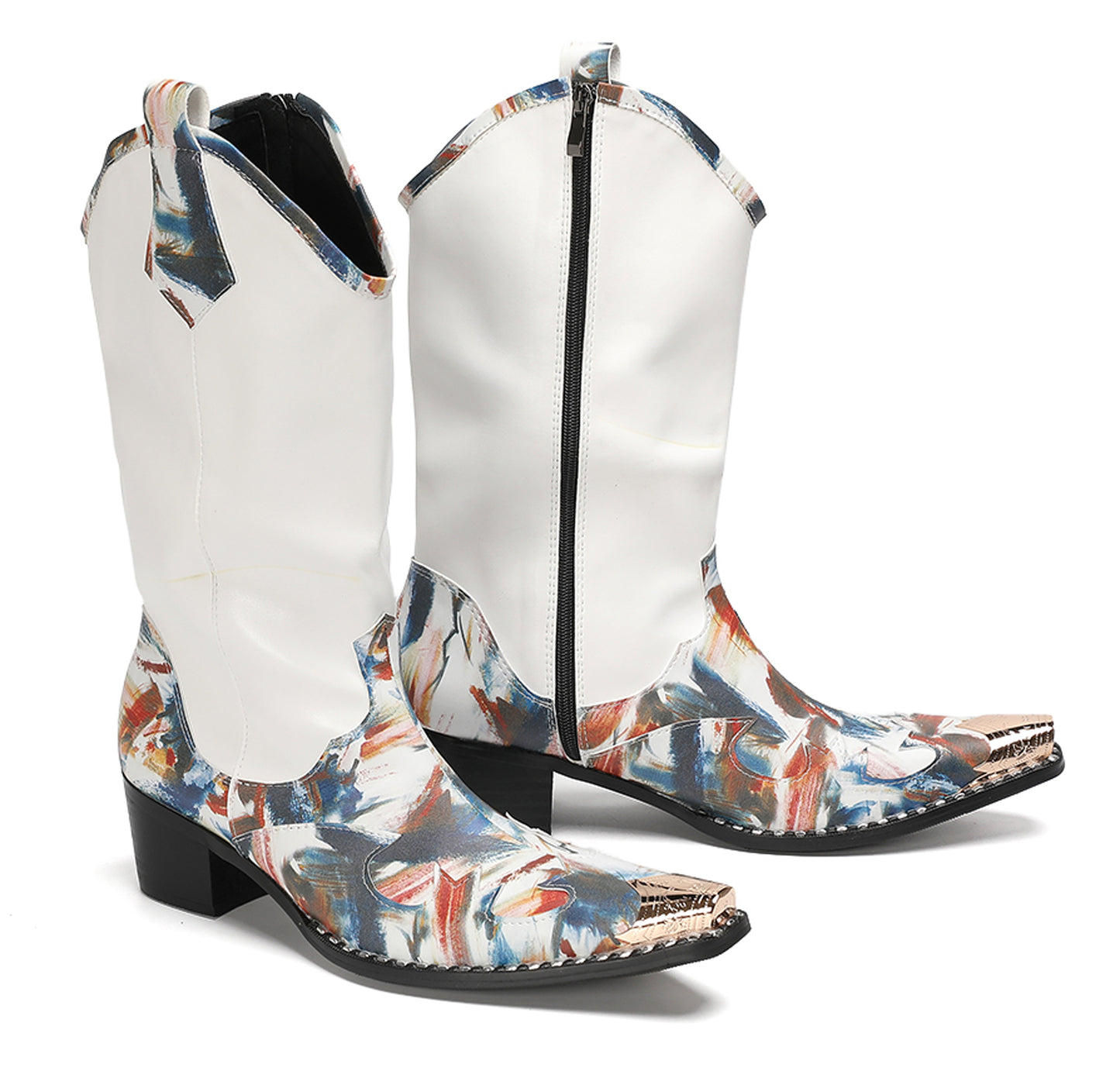 Mens White Shaft Leather Side Zipper Pull Tabs Cowboy Western Boots