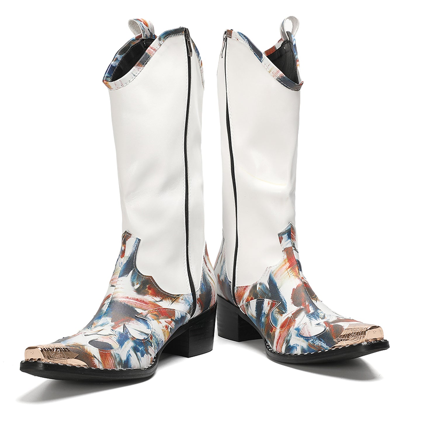 Mens White Shaft Leather Side Zipper Pull Tabs Cowboy Western Boots