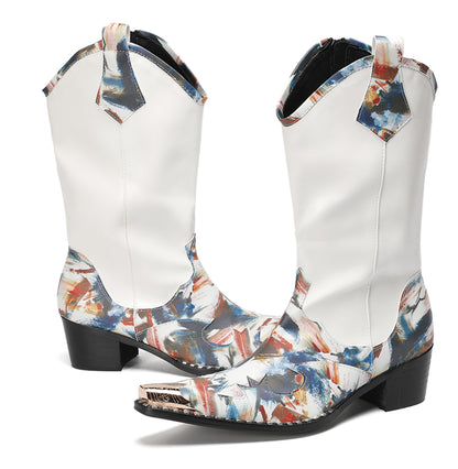 Mens White Shaft Leather Side Zipper Pull Tabs Cowboy Western Boots