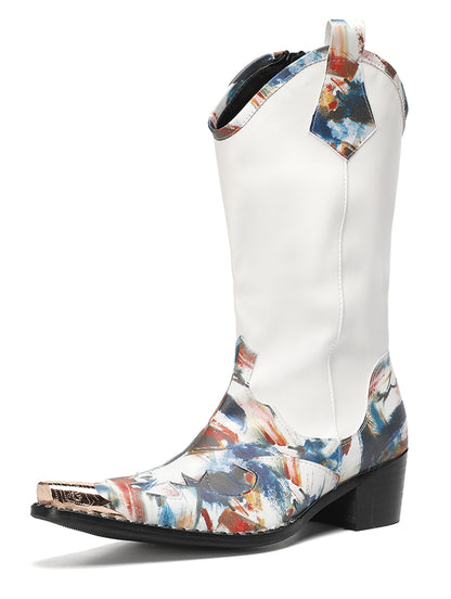 Mens White Shaft Leather Side Zipper Pull Tabs Cowboy Western Boots