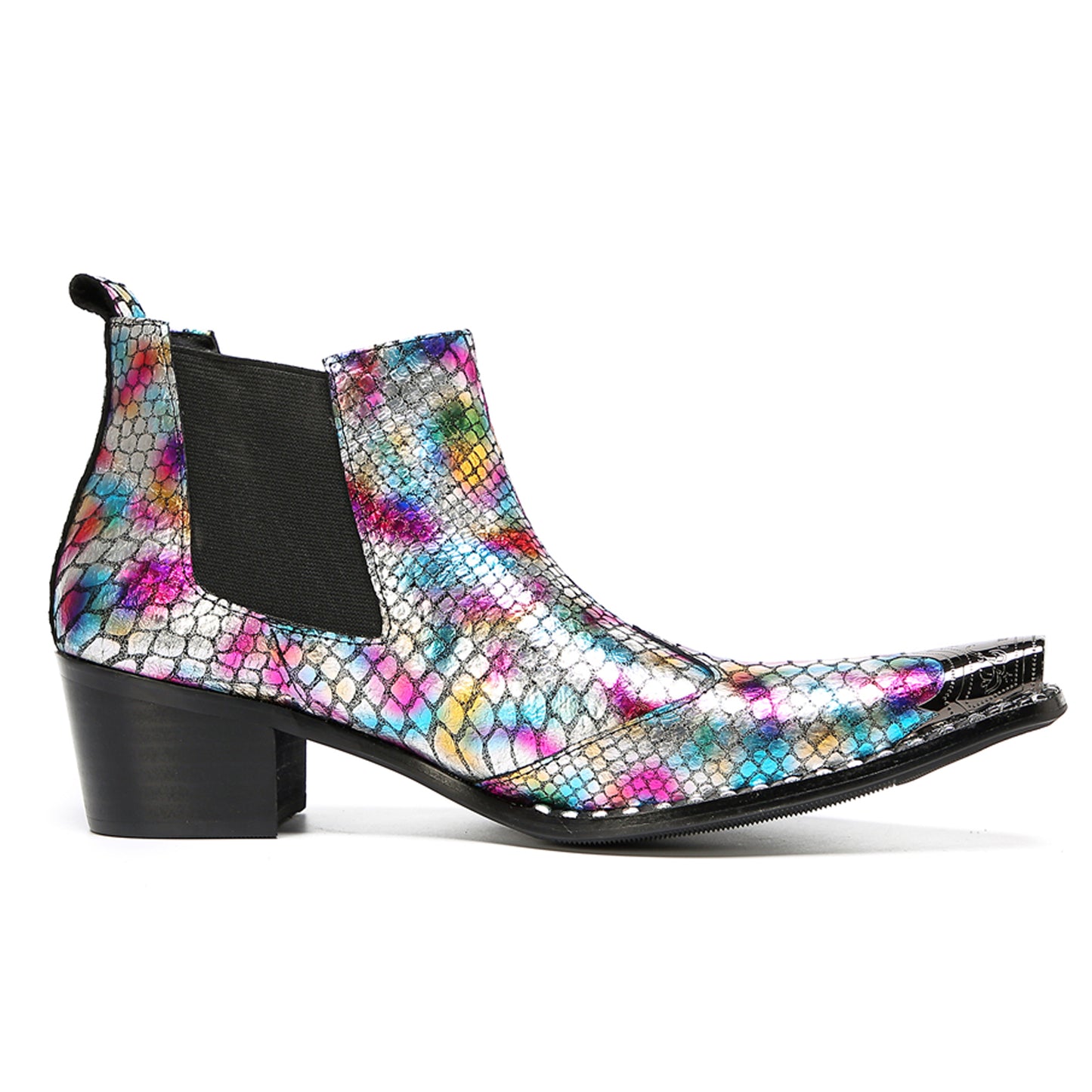 Mens Colorful Snakeskin Print & Elastic Side Western Chelsea Boots