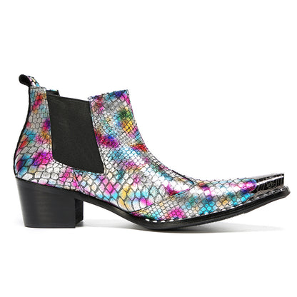 Mens Colorful Snakeskin Print & Elastic Side Western Chelsea Boots