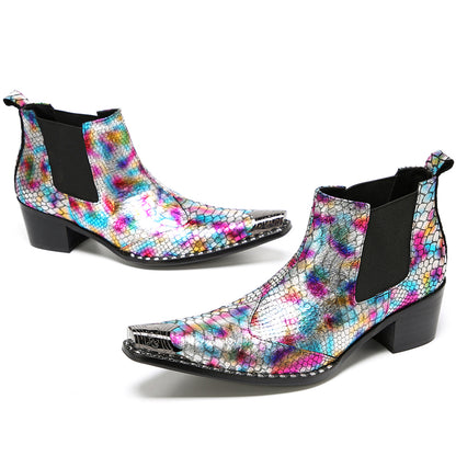 Mens Colorful Snakeskin Print & Elastic Side Western Chelsea Boots