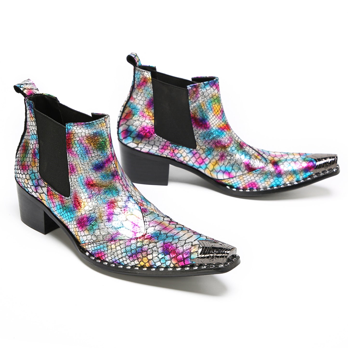 Mens Colorful Snakeskin Print & Elastic Side Western Chelsea Boots