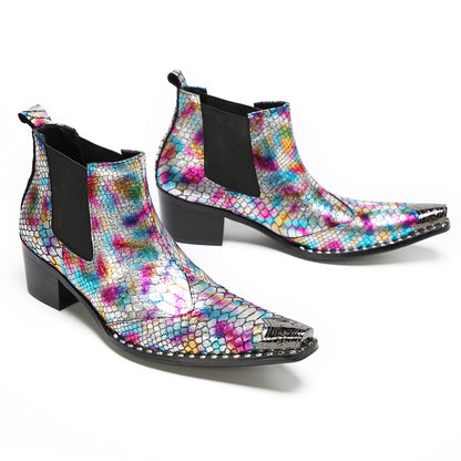 Mens Colorful Snakeskin Print & Elastic Side Western Chelsea Boots