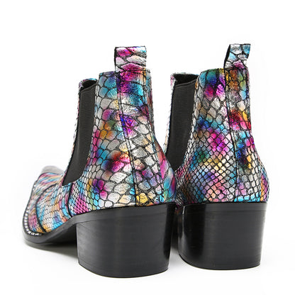 Mens Colorful Snakeskin Print & Elastic Side Western Chelsea Boots