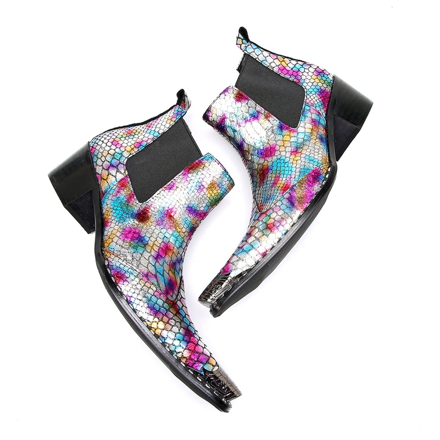 Mens Colorful Snakeskin Print & Elastic Side Western Chelsea Boots