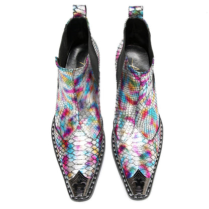 Mens Colorful Snakeskin Print & Elastic Side Western Chelsea Boots