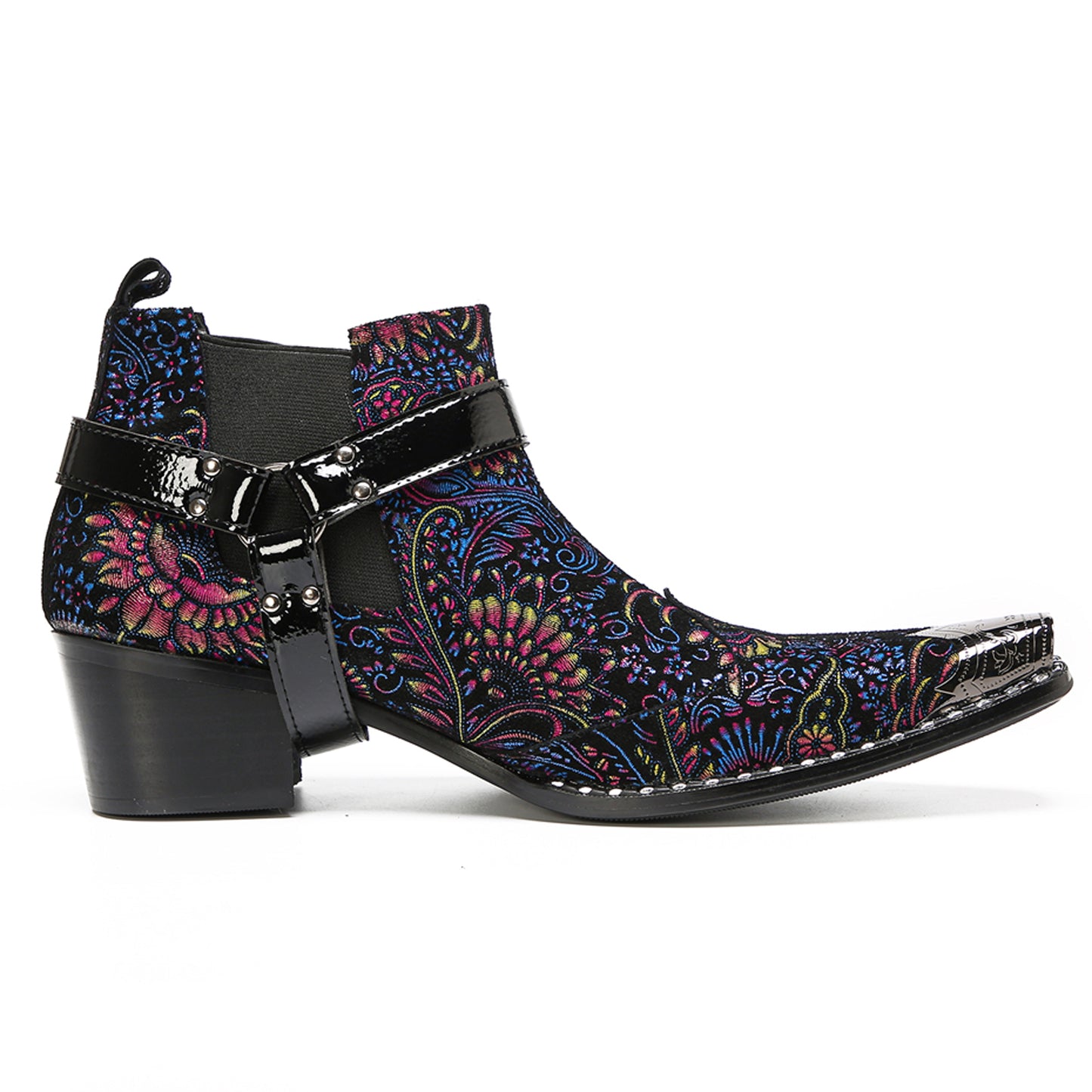 Mens Floral Embroidered & Harness Strap Western Chelsea Boots