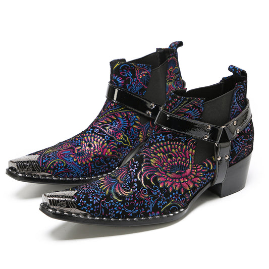 Mens Floral Embroidered & Harness Strap Western Chelsea Boots