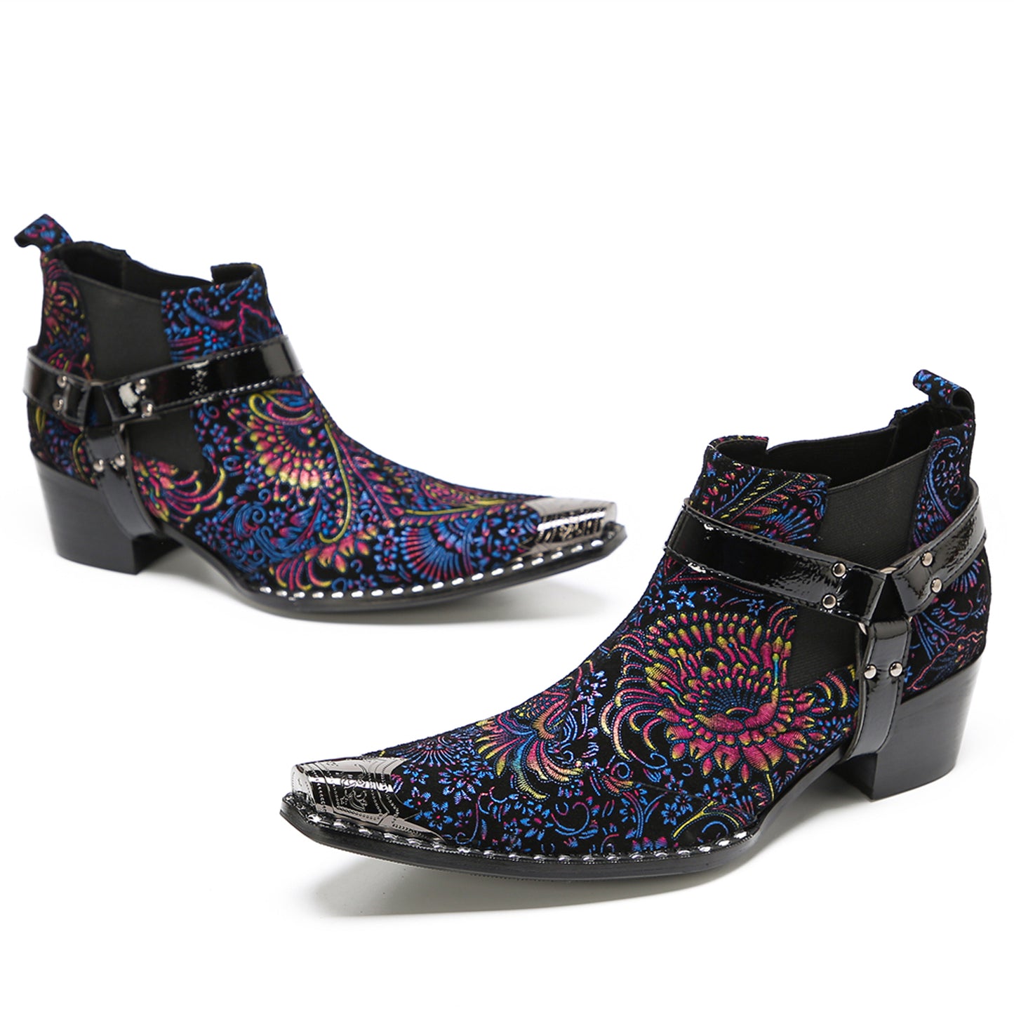Mens Floral Embroidered & Harness Strap Western Chelsea Boots