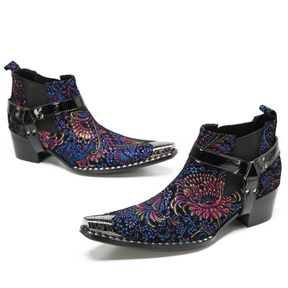 Mens Floral Embroidered & Harness Strap Western Chelsea Boots
