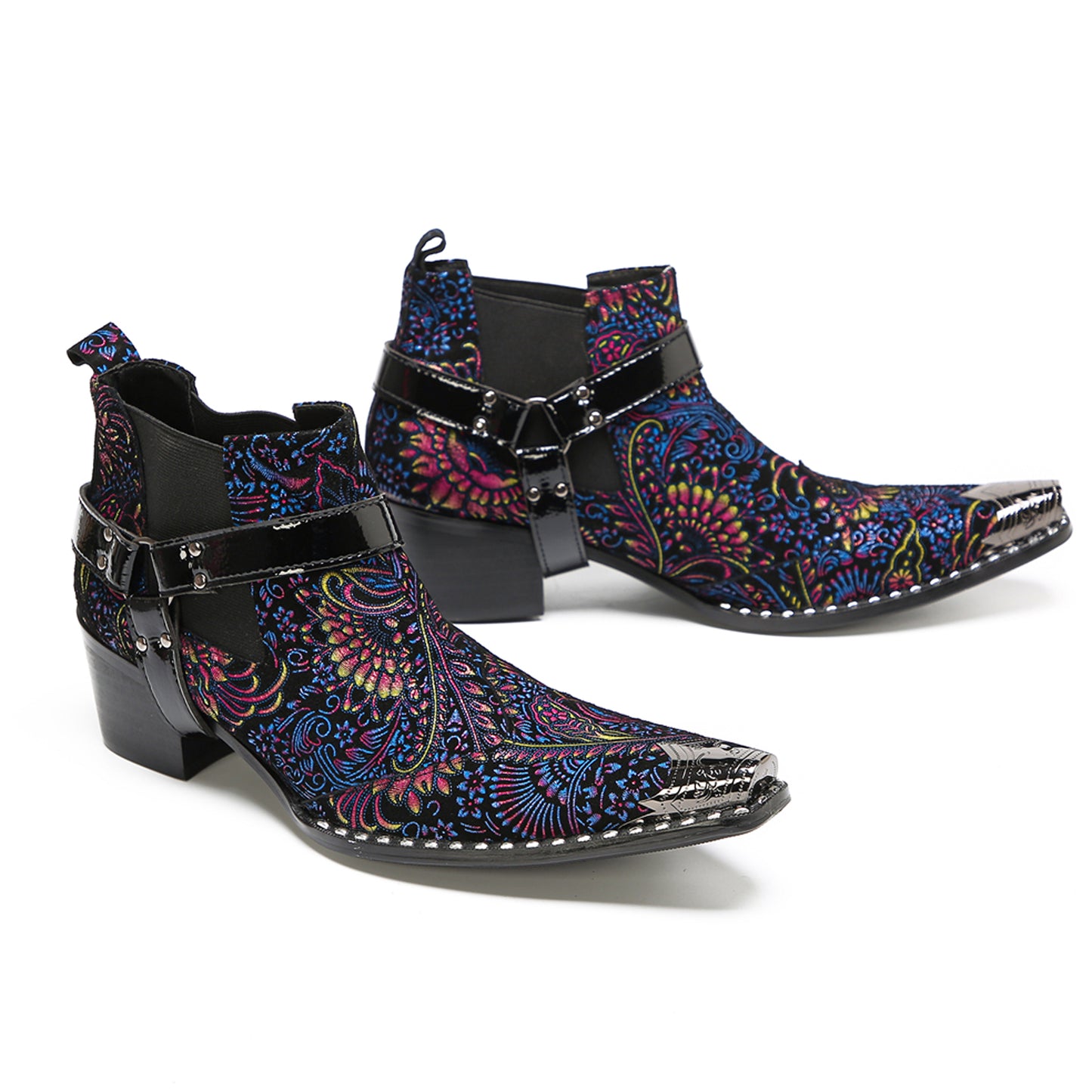 Mens Floral Embroidered & Harness Strap Western Chelsea Boots
