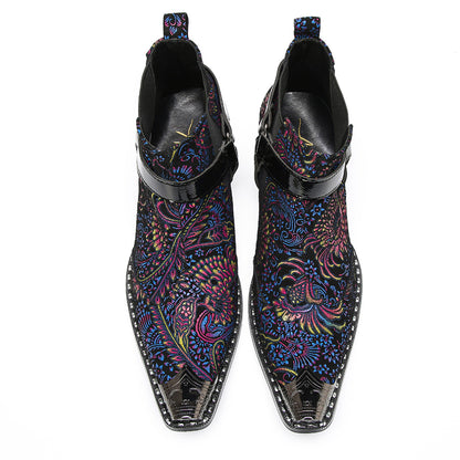 Mens Floral Embroidered & Harness Strap Western Chelsea Boots