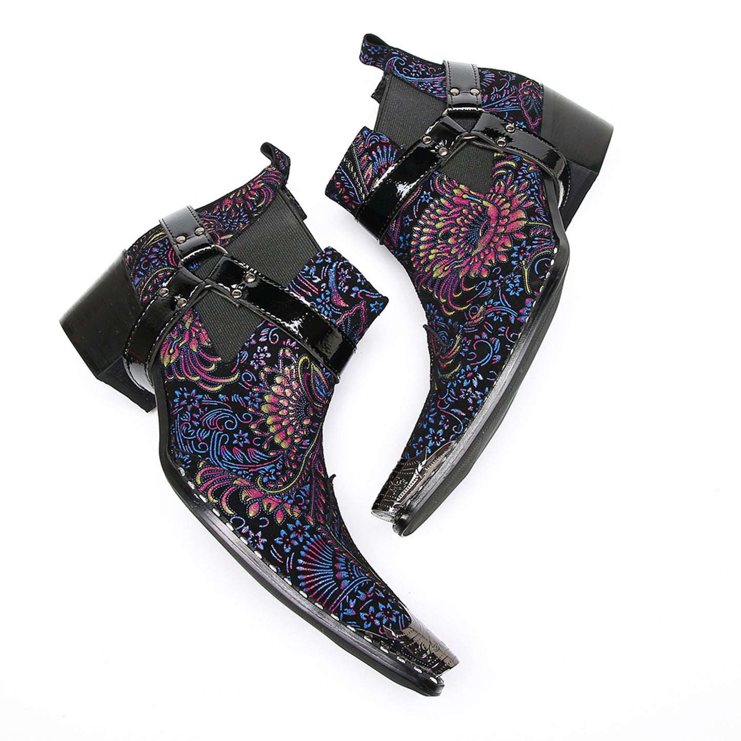 Mens Floral Embroidered & Harness Strap Western Chelsea Boots