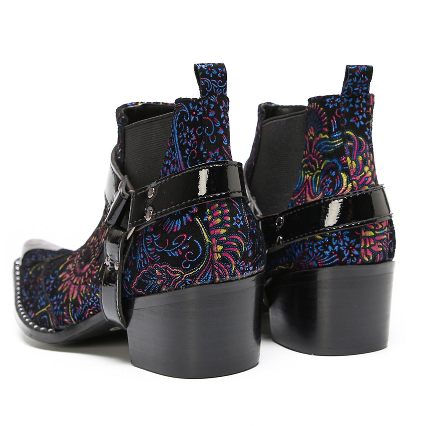 Mens Floral Embroidered & Harness Strap Western Chelsea Boots