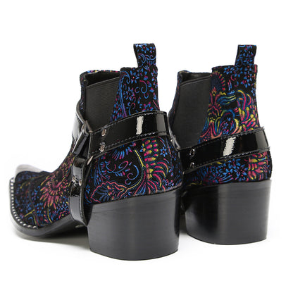 Mens Floral Embroidered & Harness Strap Western Chelsea Boots
