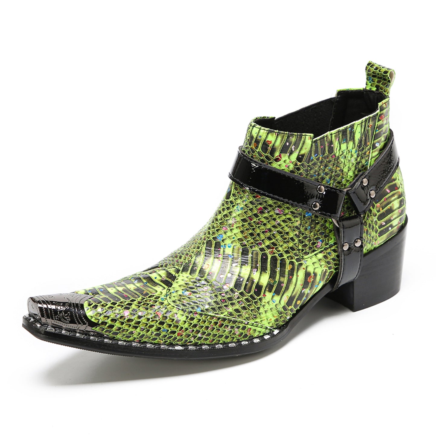 Mens Green Snakeskin Print Harness Strap Western Chelsea Boots