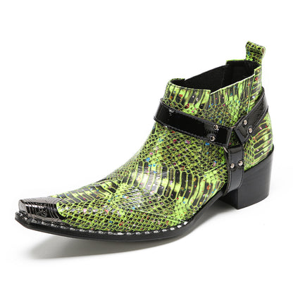 Mens Green Snakeskin Print Harness Strap Western Chelsea Boots