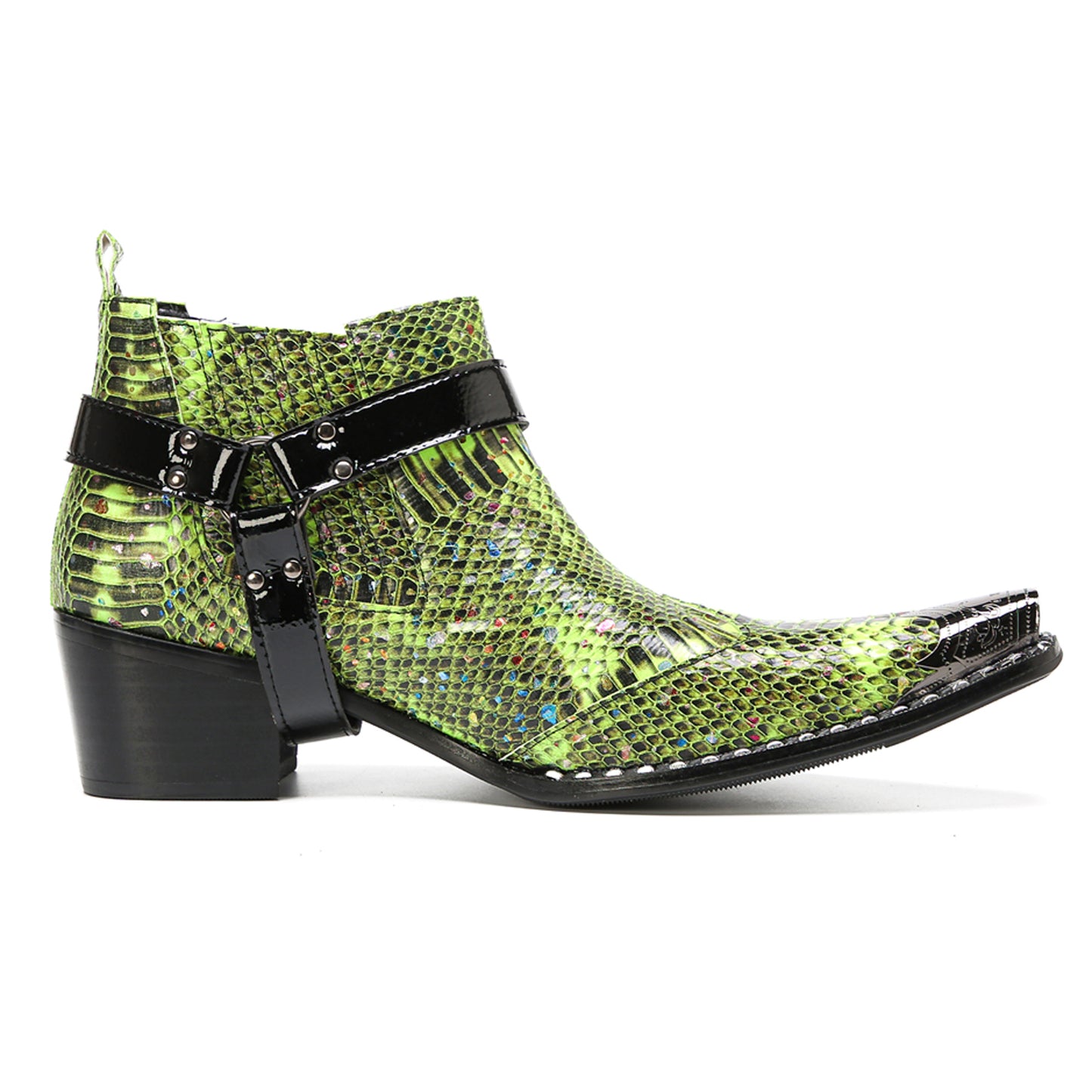 Mens Green Snakeskin Print Harness Strap Western Chelsea Boots