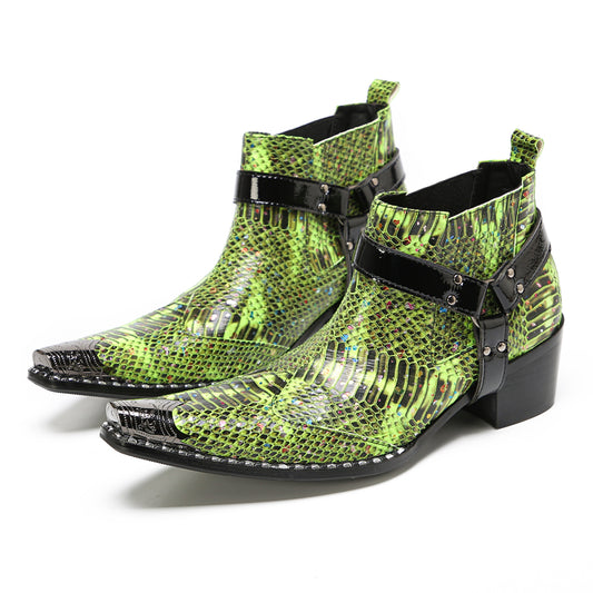 Mens Green Snakeskin Print Harness Strap Western Chelsea Boots