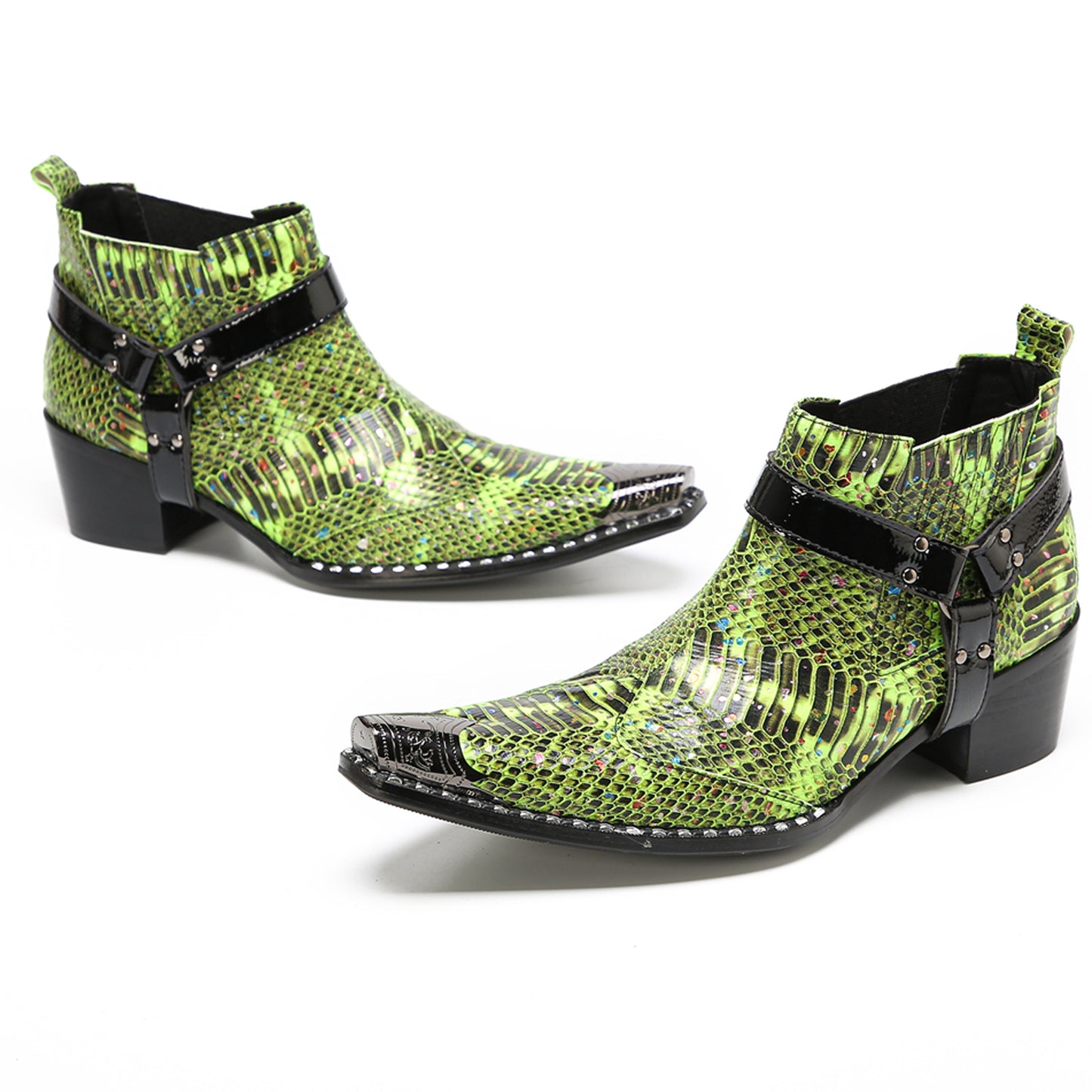 Mens Green Snakeskin Print Harness Strap Western Chelsea Boots