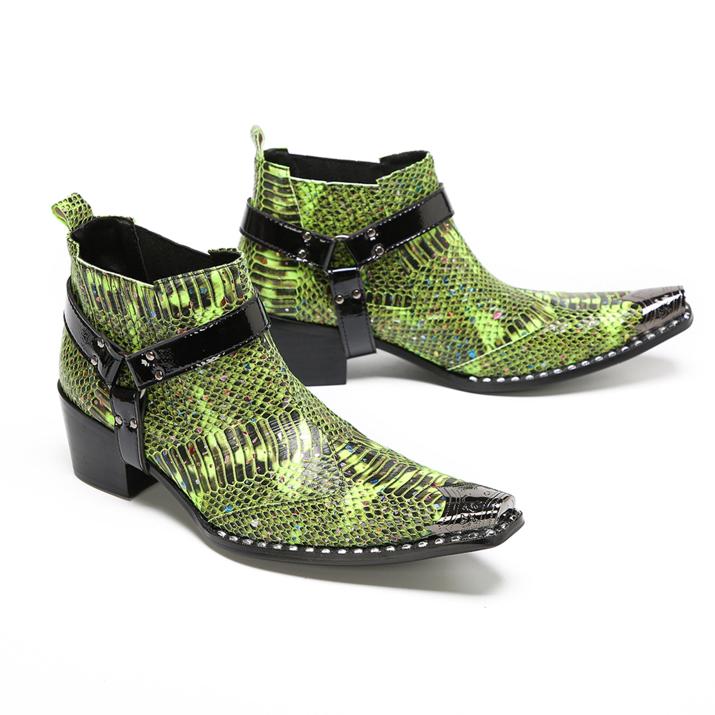 Mens Green Snakeskin Print Harness Strap Western Chelsea Boots