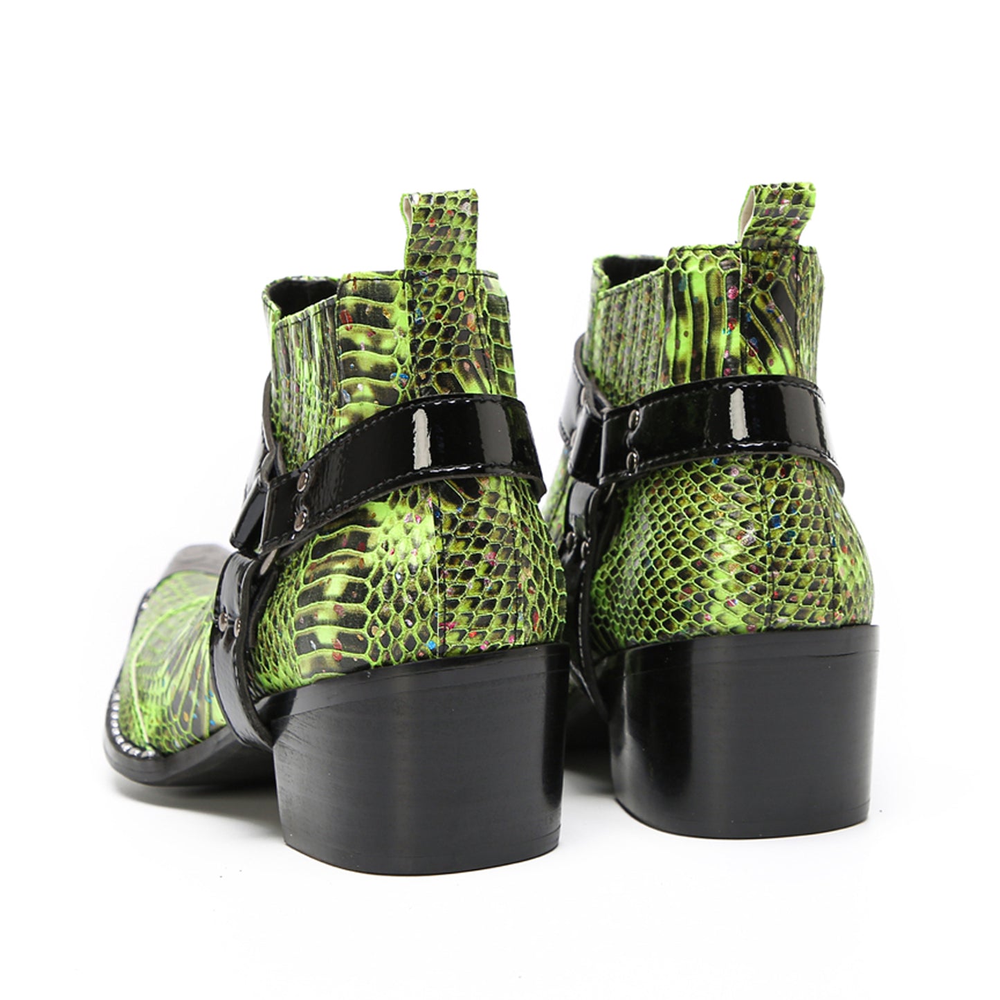 Mens Green Snakeskin Print Harness Strap Western Chelsea Boots