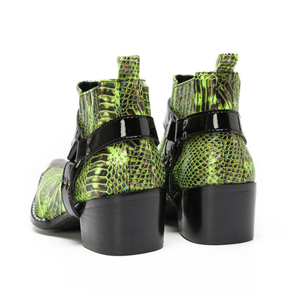 Mens Green Snakeskin Print Harness Strap Western Chelsea Boots
