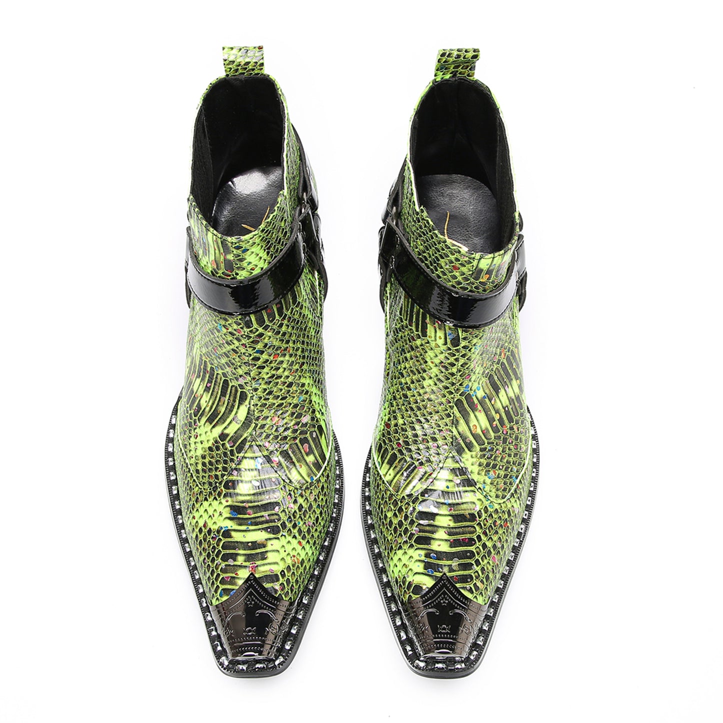 Mens Green Snakeskin Print Harness Strap Western Chelsea Boots
