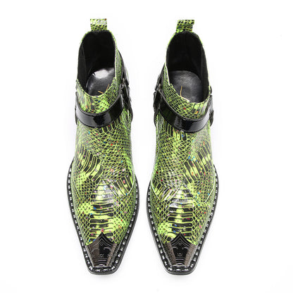 Mens Green Snakeskin Print Harness Strap Western Chelsea Boots