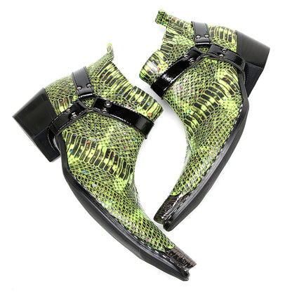 Mens Green Snakeskin Print Harness Strap Western Chelsea Boots
