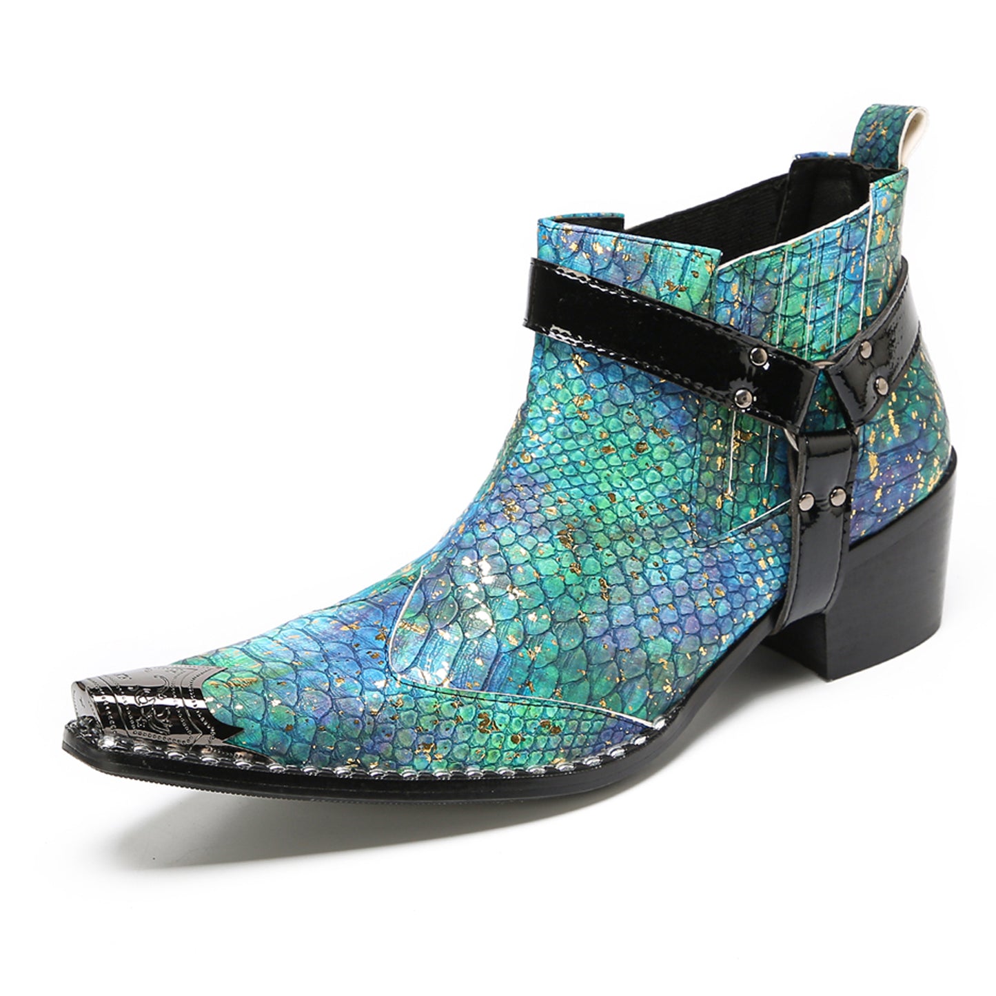 Mens Blue Snakeskin Print Harness Strap Western Chelsea Boots